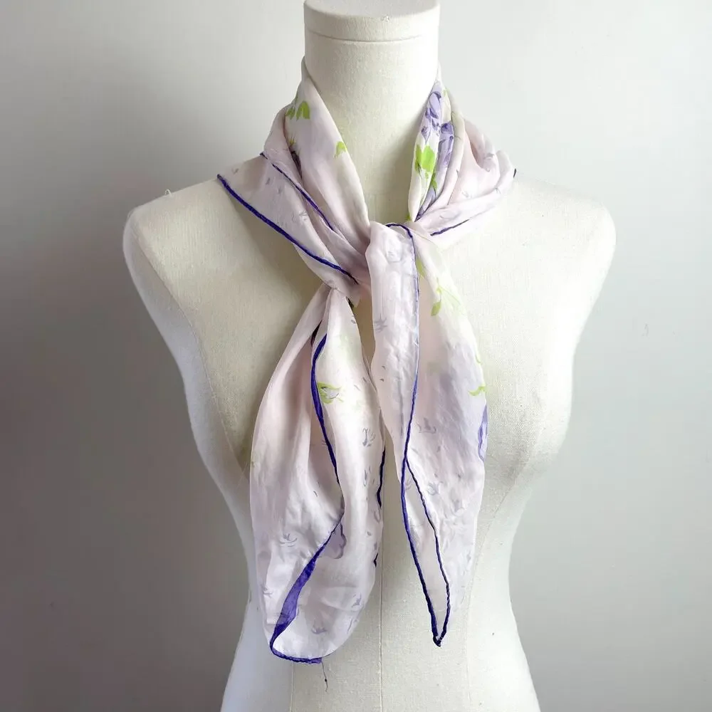 Vintage Silk Scarf Floral White Purple Romantic Feminine Parisian Euro Summer